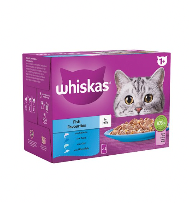 Whiskas 1+ Fish Favourites Adult Wet Cat Food Pouches in Jelly 12 x 85g
