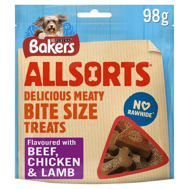 Bakers Allsorts Delicious Meaty Bite Size Treats Flavoured with Chicken, Beef & Lamb 98g