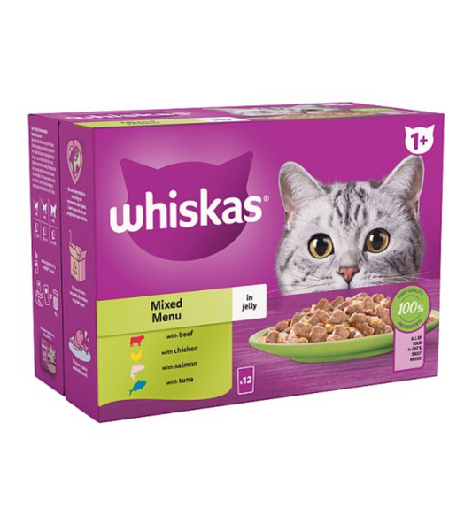 Whiskas 1+ Mixed Menu Adult Wet Cat Food Pouches in Jelly 12 x 85g