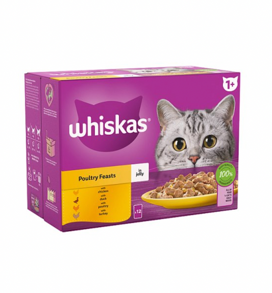 Whiskas 1+ Poultry Feasts Adult Wet Cat Food Pouches in Jelly 12 x 85g